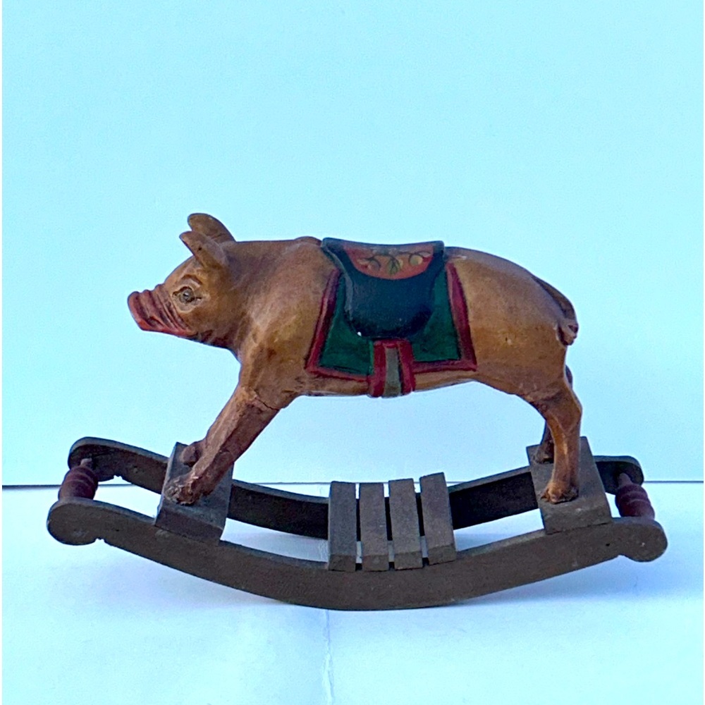 Vintage Wooden Rocking Pig Hog Rocker Folk Art Painted & Carved *Collectible